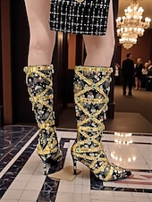 ieftine Cizme de modă-Cizme stiletto pentru femei, decorate cu pietre prețioase colorate și detalii aurii, cizme de lux la modă pentru petreceri de seară și ocazii speciale