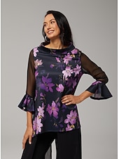 economico camicie, top e camicette-camicetta da donna con stampa floreale viola, maniche in chiffon elasticizzato, scollo a barca, casual, comoda, primavera estate autunno vacanza