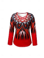 levne Tričko s pruhy a geometrickým vzorem-Dámské Tričko Vystřižený Tisk Grafika Geometrický Abstraktní Vinobraní stylové Klasické Dlouhý rukáv Do V Běžné topy Denní Vodní modrá Rubínově červená Jaro Podzim Zima