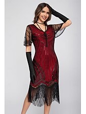 preiswerte 1920er Kleider-Goldene Zwanziger 1920er Knielang Flapper Kleid Kurze Ärmel Der große Gatsby Pailletten Fransen V Ausschnitt Kostüm Damen Weihnachten Karneval Flüsterkneipe Maskerade Retro-Mottoparty Erwachsene