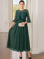 abordables Longitud a la altura del tobillo-Vestido de Fiesta en Línea A de Longitud de Té Ankle Length Vestido de Cóctel Vestido de Invitada de Boda Vestido de Madre de la Novia de Manga Larga Cuello Redondo Fiesta Elegante Vintage con