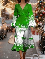 preiswerte Weihnachtskleider-Weihnachten Damen Midikleid A Linie Kleid Urlaub Lässig Party Täglich Abendgesellschaft Normale Passform Grafik Schneeflocke Langarm V Ausschnitt Blau Rote Purpur Grün Herbst Winter