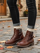 abordables Botas de combate-Botines marrones de mujer con cordones y detalles de punto – botas elegantes y duraderas para paseos al aire libre, trabajo y salidas informales.