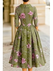 baratos Comprimento do chá-Linha A Longuette Vestido de festa Vestido Coquetel Vestido de convidada de casamento Vestidos de noite Elegante Vintage Manga 3/4 Colarinho de Camisa Casamento Formal Jacquard com Bolsos