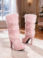 levne Sníh a zimní boty-Dámské bílé sněhule na vysokém podpatku z umělé kožešiny s mašlí - elegantní zimní obuv se zapínáním na zip, elegantní pro formální i sváteční příležitosti