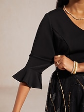 ieftine Rochii cu paiete-Pentru femei Rochie Maxi Rochie A line Rochie din Tul Elegant Serată Petrecere Paiete Brodat Fit regulat Frunză Lungime Manșon 3/4 În V Negru
