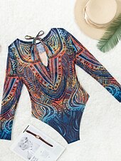 levne Jednodílné plavky-Dámský jednodelný plavkový úbor zeštíhlující sexy výřez Boho monokiny kontrola břicha vysoký pas štíhlé bez zad dovolená módní grafický geometrický kulatý výstřih dlouhý rukáv bez rukávů