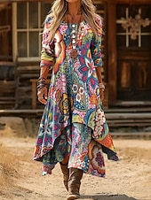 halpa Tyylikkäät kukkaiset mekot-Naisten Midimekko Väljä mekko Vapaa-aika Päivittäin Pyhäpäivä Normaali Kuvitettu Geometrinen Pitkähihainen Tiukka pyöreä kaula-aukko Sininen Rubiini Apila Syksy Talvi