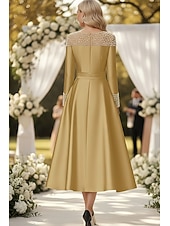 economico Lunghezza alla caviglia-Linea ad A Lunghezza alla caviglia Vestito da Festa Abito da Cocktail Abito da invitata a nozze Abito da cerimonia per signora Manica Lunga Senza Spalle Elegante Formale Raso con Perle