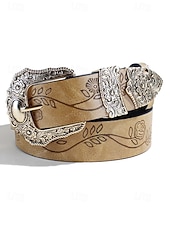 Χαμηλού Κόστους Γυναικεία ζώνη-Γυναικεία ζώνη από τεχνητό δέρμα σε μποέμ στιλ – περίπλοκο φλοράλ σχέδιο με μεταλλική αγκράφα, ιδανική για casual και καθημερινή χρήση.