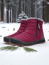 cheap Snow &amp; Winter Boots-Women's Burgundy Fur Lined Ankle Boots - Waterproof Winter Snow Shoes with Anti-Slip Rubber Sole, Warm Cozy Footwear for Outdoor and Casual Wear