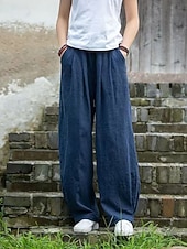 voordelige Damesbroeken en rokken-Dames Imitatie katoenlinnen Broek Zomerbroek Wijde broek Vakantie Vintage Etnische stijl Volledige lengte Hoge taille Inelastisch Strand Straat Causaal Bean Green Ruwe hennep kleur Zwart Marineblauw