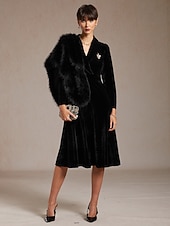 abordables Robe Simple-Femmes Robe Midi Robe trapèze Élégant Soirée Coupe régulière Couleur Unie manche longue Col en V Noir Printemps Automne Hiver