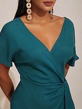 economico Abiti floreali-Abito midi a portafoglio arricciato con scollo a V in lino tencel arancione rosso da donna