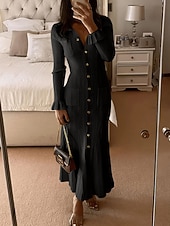 economico Abiti in maglia-Per donna Abito maxi Tubino Casual Quotidiano Vestibilità regolare Semplice Manica Lunga Collo a V Nero Bianco Giallo Primavera Autunno Inverno