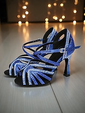abordables Zapatos de baile latino-Zapatos de baile latino para mujer con pedrería: sandalias profesionales de salón para salsa y tango, con diseño de tiras y tacón alto, ideales para competición o actuaciones.