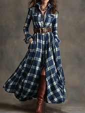 billiga Boho-klänning-Dam Maxiklänning Skiftklänning Semester Ledigt Boho Dagligen Normal Rutig Långärmad Kavajslag Blå Mörkgul Mörkgrön Svart Vår Höst Vinter