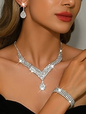 economico Matrimonio ACC-set di gioielli da donna con strass dorati: collana a goccia scintillante, orecchini pendenti &amp;bracciale di cristallo, eleganti accessori di tendenza per le feste &amp;eventi speciali