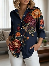 abordables Blouses Florales-Femmes Chemise Boutons Imprimé Fleuri Élégant Occasionnel manche longue Col de chemise Hauts Réguliers Quotidien Travail Fête Vin bleu marine Vert Printemps Automne