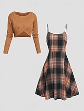 abordables Robe Rayée et Géométrique-Femmes Robe Midi Robe trapèze Occasionnel Boho Quotidien Coupe régulière Plaid manche longue Col ras du cou Orange Printemps Automne Hiver