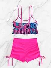 levne Tankiny-Dámský tankini 2-dílný plavecký úbor s řasením palm šortky kontrola břicha vysoký pas štíhlé bez zad dovolená plážové oblečení květinový kulatý výstřih bez rukávů