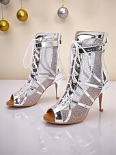 abordables Bottines de danse-Sandales à talons hauts en maille argentée à lacets pour femmes - bottines à brides pailletées et bout ouvert pour les soirées dansantes et les cocktails