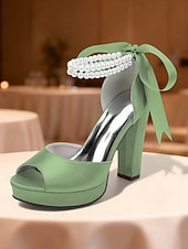 baratos Sandálias de Plataforma-Sandálias femininas de salto alto plataforma em cetim roxo com tira de pérolas no tornozelo - sapatos de festa glamorosos de bico aberto para eventos noturnos, casamentos e coquetéis.