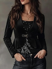 זול חולצות חלקות-בגדי ריקוד נשים חולצה פאייטים טלאים מתנפנפת צבע אחיד מסוגנן יום יומי שרוול ארוך צווארון עגול קצר צווארון V חולצות רגילות יומי שחור תלתן אפור אביב סתיו חורף