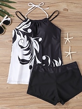 economico Tankini-Costume da bagno tankini da donna a 2 pezzi con pantaloni corti controllo della pancia alto in vita schiena scoperta per vacanze al mare colletto a halter e senza maniche