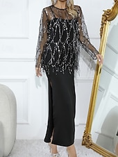 halpa Naisten puseropuvut-Naisten Hame setit Bolero toppi Pitkähihainen Pyöreä kaula-aukko Yhtenäinen väri Paljetti Tupsu Tyylikäs Aktiivinen Juhla Cocktailjuhla Juhla / cocktail Musta Kevät Normaali