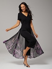 billige uformell kjole-damejumpsuit svart tencel chiffon gradient paneled imitert todelt flagrende gjennomsiktig stretch blomstertrykk v-hals fest ferie vår sommer