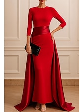 Недорогие Платья в обтяжку для вечера-Футляр В пол Вечернее платье Бальное платье с верхней юбкой Элегантный стиль Высокий раскол Рукав 3/4 Вырез под горло Свадьба Официальные Стретч-креп с Плиссировка