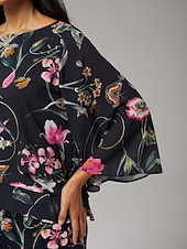 abordables camisas, tops y blusas-Blusa de mujer negra floral, manga 3/4, suelta, cuello redondo, informal, elegante, para vacaciones, primavera, verano y otoño.