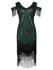 abordables Vestidos de los años 20-Conjunto Rugido 20s 1920s Hasta la Rodilla Vestidos Vestido Flapper Accesorios con accesorios Hombro frío Mangas cortas El gran Gatsby charlestón Lentejuelas Borlas Pluma Escote en Pico Disfraz Mujer