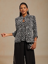  女性用 ドレッシーなトップス ツインセット スパンコール ラインストーン 動物 レオパード エレガント パーティー レディース 七分袖 スタンドカラー レギュラートップス パーティー パーティーイブニングウェア パーティー衣装 Sliver 春 秋 冬