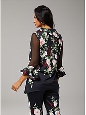 preiswerte Hemden, Tops und Blusen-Damen Bluse schwarz Blumendruck Stretch Chiffon Ärmel U-Boot-Ausschnitt lässig bequem Frühling Sommer Herbst Urlaub