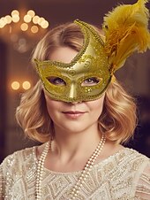 baratos Acessórios de Máscara-Máscara feminina de renda com penas para baile de máscaras - máscara elegante estilo vintage para festas, com flor amarela e pérolas, ideal para bailes de máscaras, formaturas ou festas à fantasia.