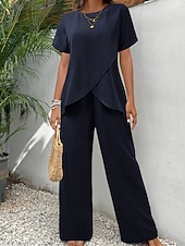 Недорогие Женские блузки-костюмы-Жен. Футболка Комплекты брюк Болеро Топ С короткими рукавами Вырез под горло Круглый вырез Сплошной цвет Мода Уличный стиль Повседневные на открытом воздухе Отпуск Красный Темно синий Зеленый Лето