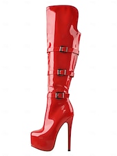 abordables Bottes de plate-forme-Bottes cuissardes rouges vernies pour femme - bottes de soirée à talons aiguilles ultra hauts avec brides à boucle. &amp;vêtements de club