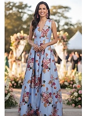 preiswerte Bodenlänge-A-Linie Bodenlang Kleid für Hochzeitsgäste Abendkleid Brautmutterkleid Ärmellos V Ausschnitt Elegant Hoher Schlitz Formell Hochzeitsgast Satin mit Druck