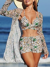 tanie 3-częściowy zestaw bikini-Kobiece bikini 3-częściowy strój kąpielowy szorty smukły bez pleców na wakacje plażowe ubranie kwiatowy dekolt V bez rękawów