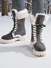 abordables Bottes de neige et d'hiver-Bottes d'hiver à lacets doublées de fausse fourrure pour femmes - bottes de neige chaudes en daim avec semelle antidérapante pour temps froid et activités de plein air