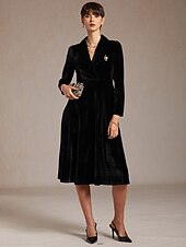 abordables Robe Simple-Femmes Robe Midi Robe trapèze Élégant Soirée Coupe régulière Couleur Unie manche longue Col en V Noir Printemps Automne Hiver