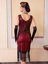 baratos Vestidos dos anos 1920-Conjunto Loucos anos 20 Anos 20 Até os Joelhos Vestidos Vestido melindroso Roupa com acessórios Sem Mangas O Grande Gatsby charleston Paetês Franjas Pena Decote V Fantasia Mulheres Carnaval Ano Novo