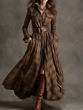 billiga Boho-klänning-Dam Maxiklänning Skiftklänning Semester Ledigt Boho Dagligen Normal Rutig Långärmad Kavajslag Blå Mörkgul Mörkgrön Svart Vår Höst Vinter