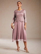 olcso Sifonruhákk-Női Midi ruha Sifon ruhák Elegáns Estély Esküvői vendég Flitter Csipke Normál Tömör szín Háromnegyedes Terített nyak Arcpír rózsaszín