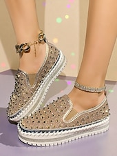 voordelige Damessneakers-Dames instapsneakers met glitter en studs - glinsterende platformschoenen met strass-versiering voor uitgaansgelegenheden, feesten en clubwear &amp;feestelijke outfits