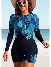 お買い得  ワンピースラッシュガード-女性用 ラッシュガード ワンピースサーフィンスーツ 水着 フラワー トロピカル風 カラーブロッキング ジッパーを閉める 内蔵ブラ付き 取り外し式パッド UVサンプロテクション UPF50+ 超軽量(UL) 長袖 スイムウェア ラッシュガード サーフィン ビーチ ウォータースポーツ 夏