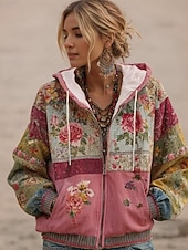 halpa Kukalliset yläosat-Naisten 3D Print Vintage Boho Huppari Patchwork Huppari Sweatshirt Kukallinen Hupparilla Sweatshirt Takki Pitkähihaiset Zip Up Taskulla Kevyt Rentoa Zip Up s Kadun Arkivaatteita Patchwork Tasku Syksy