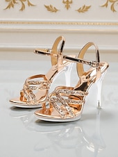 baratos Sandálias de salto-Sandálias femininas vermelhas de salto agulha com tiras e detalhes transparentes - sapatos de festa elegantes e brilhantes para o Ano Novo e eventos de fim de ano. &amp;noite fora